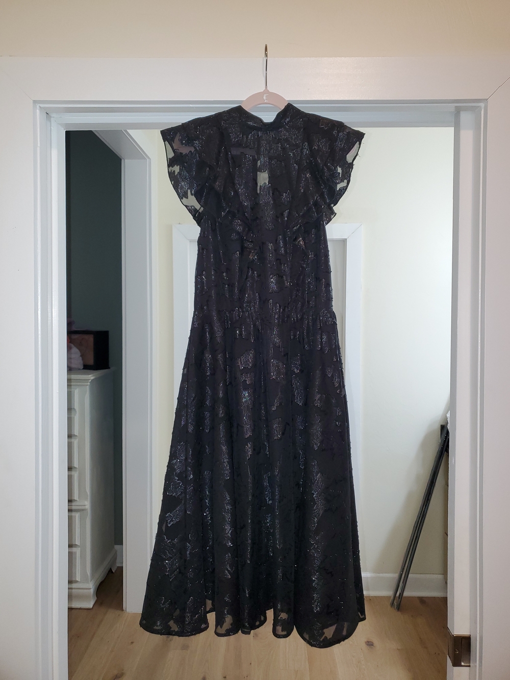 Black Metallic Lace Maxi Dress with Ruffle Shoulders